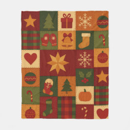 Red Green Patchwork Quilt Rustic Farmhouse Floral  フリースブランケット