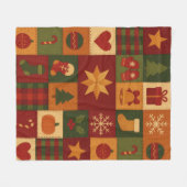 Red Green Patchwork Quilt Rustic Farmhouse Floral  フリースブランケット (正面(横))