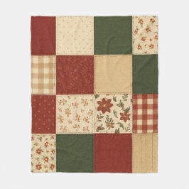 Red Green Patchwork Quilt Rustic Farmhouse Floral  フリースブランケット