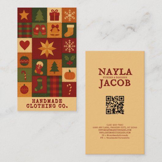 Red Green Patchwork Quilt Rustic Farmhouse Floral 名刺 (正面/裏面)