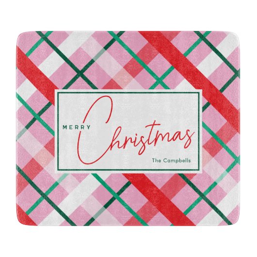 Red Green Pink Christmas Plaid Cutting Board カッティングボード (正面)