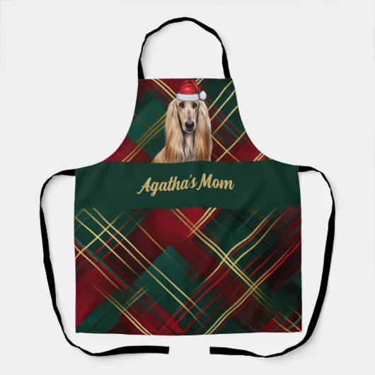 Red Green Plaid and Afghan Hound Dog Christmas エプロン (正面)
