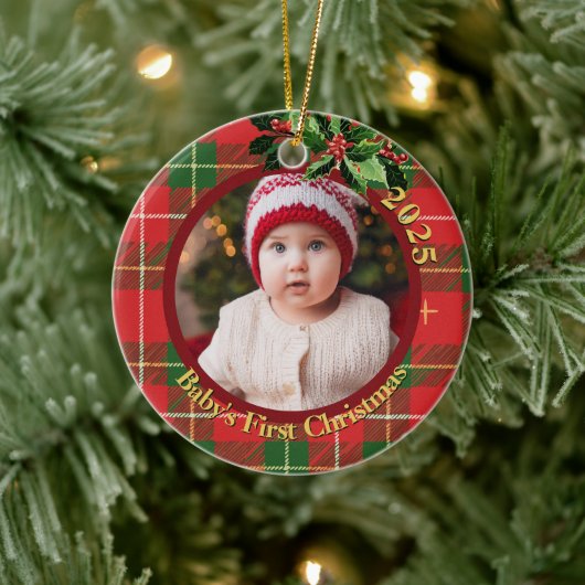 Red Green Plaid | Baby's First Christmas Photo セラミックオーナメント (ツリー)
