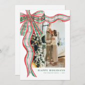 Red & Green Plaid Bow Christmas Photo Holiday Card シーズンカード (正面/裏面)