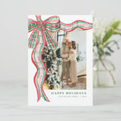 Red & Green Plaid Bow Christmas Photo Holiday Card シーズンカード (スタンド正面)