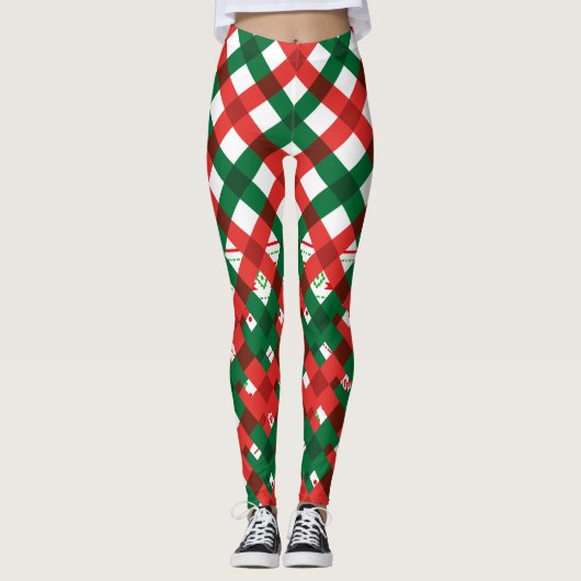 Red Green Plaid Christmas Leggings Women レギンス (正面)