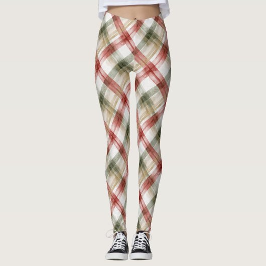 Red Green Plaid Christmas Stripes レギンス (正面)