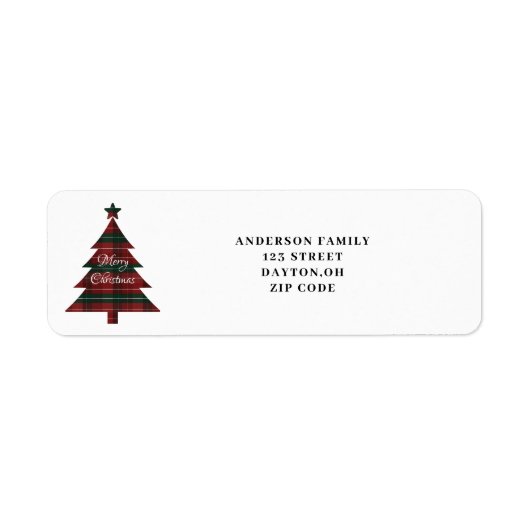 Red Green Plaid Christmas Tree Return Address  ラベル (正面)