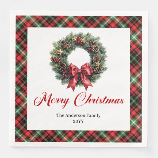 Red Green Plaid Christmas Wreath Napkins Custom (正面)