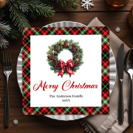 Red Green Plaid Christmas Wreath Napkins Custom