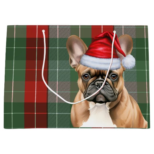 Red Green Plaid Frenchie Dog Lover Holiday ラージペーパーバッグ (正面)
