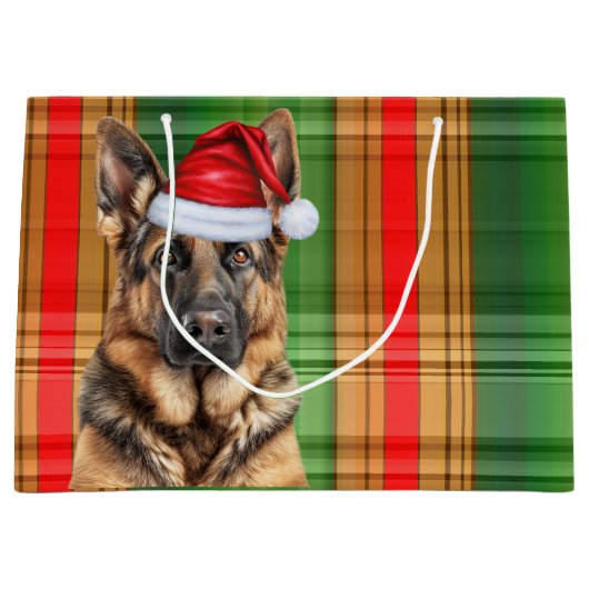 Red Green Plaid German Shepherd Dog Lover Holiday ラージペーパーバッグ (正面)