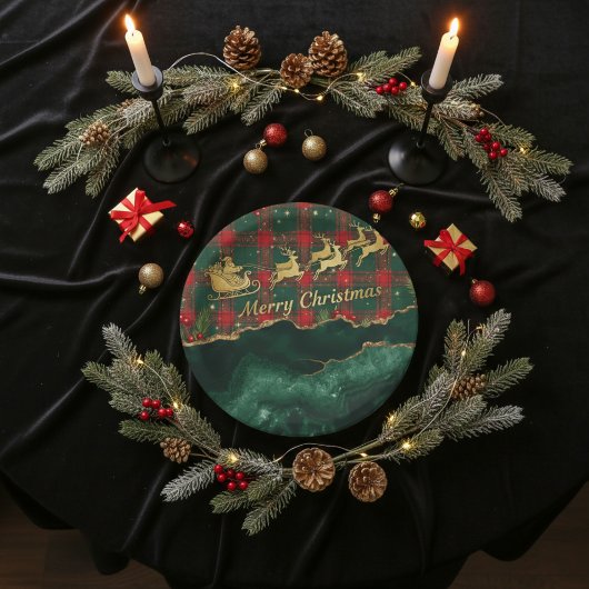 Red Green Plaid Santa Sleigh Merry Christmas ペーパープレート