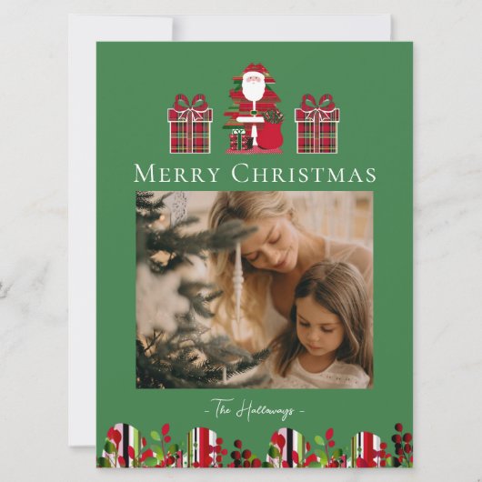 Red Green Plaid Santa Wrapped Gifts Holiday Card シーズンカード (正面)