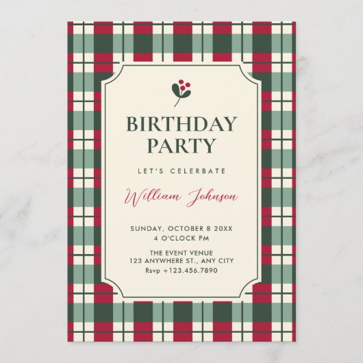 Red green plaid tartan pattern birthday 招待状 (正面)