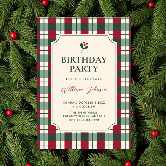 Red green plaid tartan pattern birthday 招待状