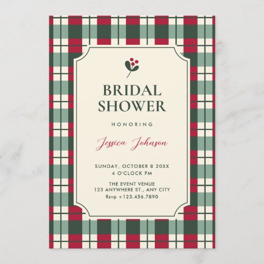 Red green plaid tartan pattern bridal shower 招待状 (正面)
