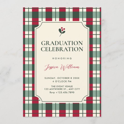 Red green plaid tartan pattern graduation 招待状 (正面)