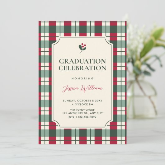 Red green plaid tartan pattern graduation 招待状 (スタンド正面)