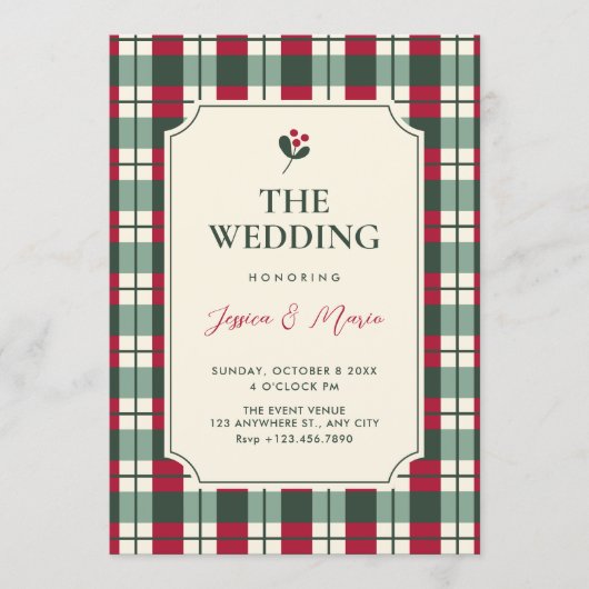 Red green plaid tartan pattern wedding 招待状 (正面)