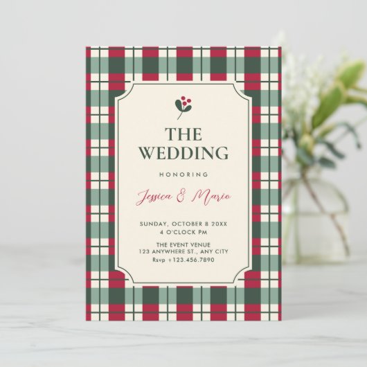 Red green plaid tartan pattern wedding 招待状 (スタンド正面)