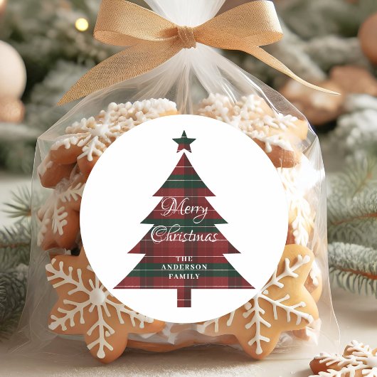 Red Green Plaid Tree Personalized Merry Christmas ラウンドシール