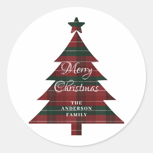 Red Green Plaid Tree Personalized Merry Christmas  ラウンドシール (正面)