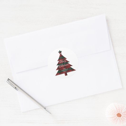 Red Green Plaid Tree Personalized Merry Christmas  ラウンドシール (封筒)