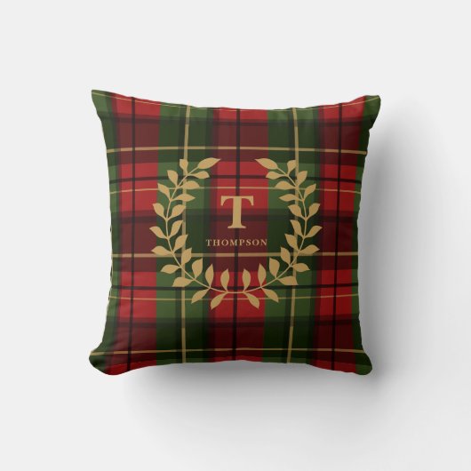 Red Green Plaid With Laurel Wreath Custom Monogram クッション (正面)