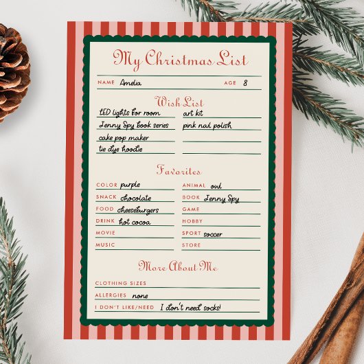 Red & Green Printable My Christmas List Card 招待状