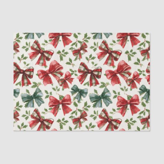 Red Green Retro Plaid Bows Christmas 薄葉紙 (正面)