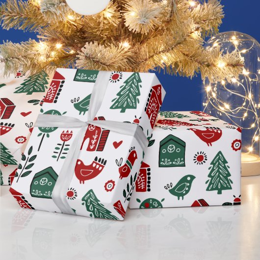Red & Green Scandinavian Christmas Wrapping Paper ラッピングペーパー (クリスマス)