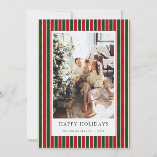 Red & Green Stripes Christmas Photo Holiday Card シーズンカード (正面)