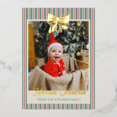 Red Green Stripes Gold Bow Merriest Christmas 箔シーズンカード (正面)