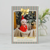 Red Green Stripes Gold Bow Merriest Christmas 箔シーズンカード (立ち正面)