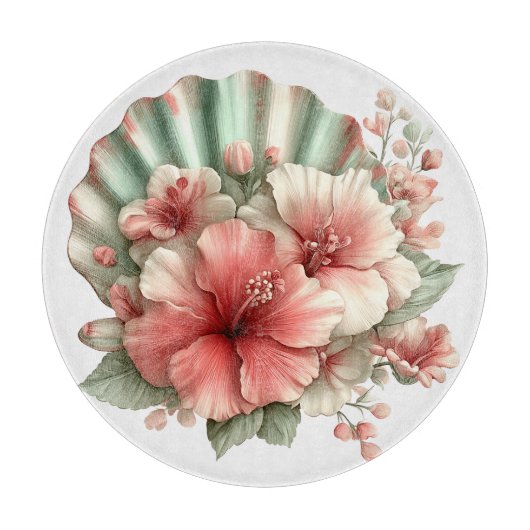 RED & GREEN SUMMER HIBISCUS FLOWERS カッティングボード (正面)