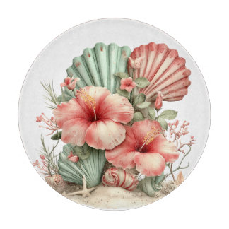RED & GREEN SUMMER HIBISCUS FLOWERS カッティングボード