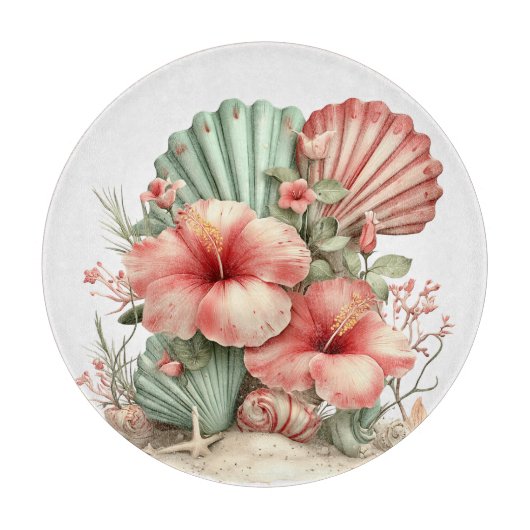 RED & GREEN SUMMER HIBISCUS FLOWERS カッティングボード (正面)