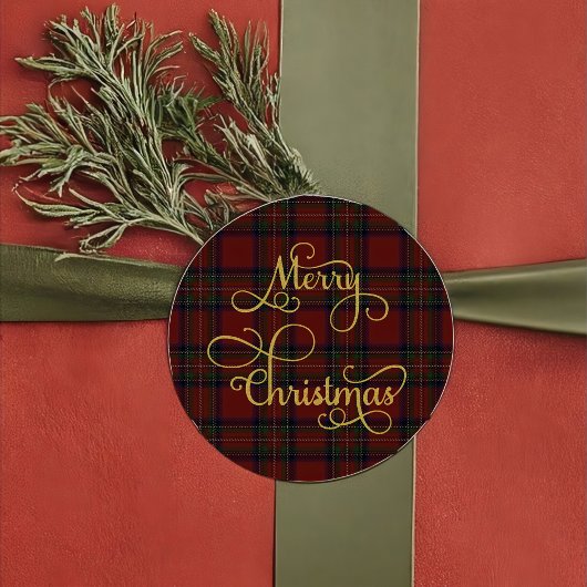 Red Green Tartan Plaid Merry Christmas Sticker ラウンドシール