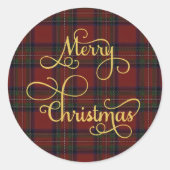 Red Green Tartan Plaid Merry Christmas Sticker ラウンドシール (正面)