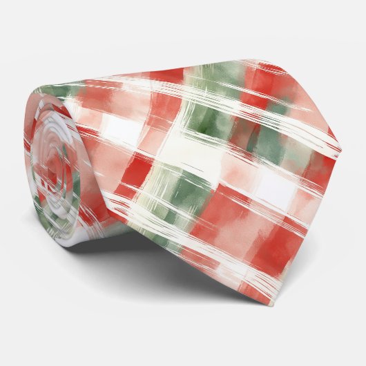 Red Green White Christmas Watercolor Plaid ネクタイ (ロール)