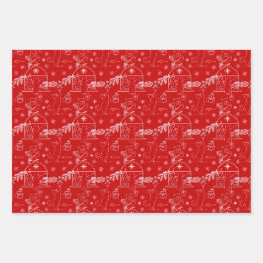 Red green & white Christmas winter cats ラッピングペーパーシート (正面)