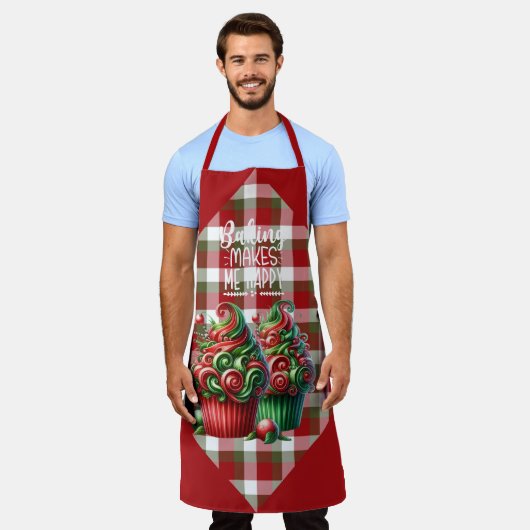 Red Green White Plaid Christmas Cupcakes エプロン (着用した状態)
