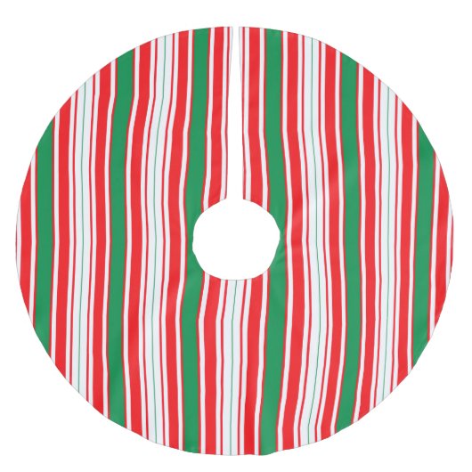 Red Green & White Stripe Christmas Tree Skirt ブラッシュドポリエステルツリースカート (正面)