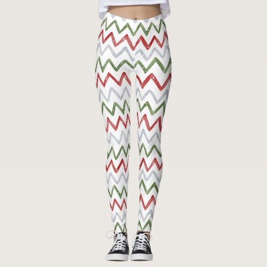 Red Green Zigzag Christmas Leggings for Women レギンス (正面)