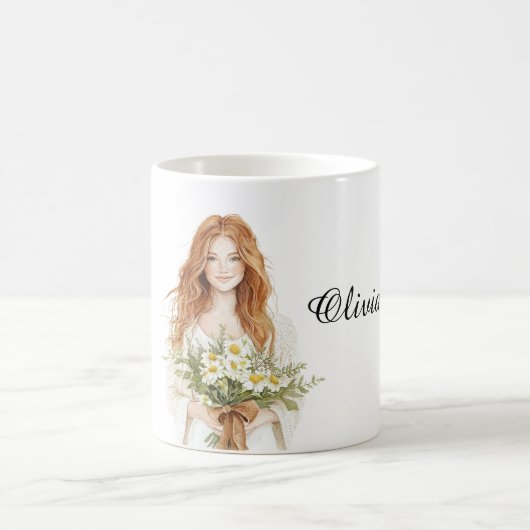 Red Hair Female Daisy Flowers コーヒーマグカップ (中央)