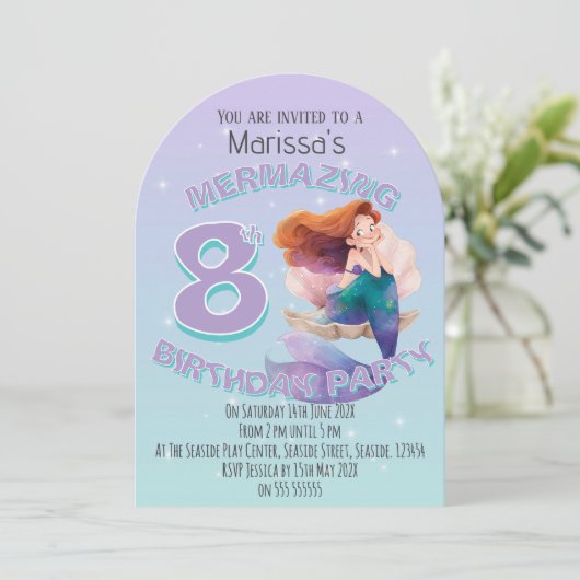 Red Hair Mermaid Age Birthday Party Invitation 招待状 (スタンド正面)