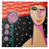 Red Hair Pink Roses Abstract Art タイル (正面)