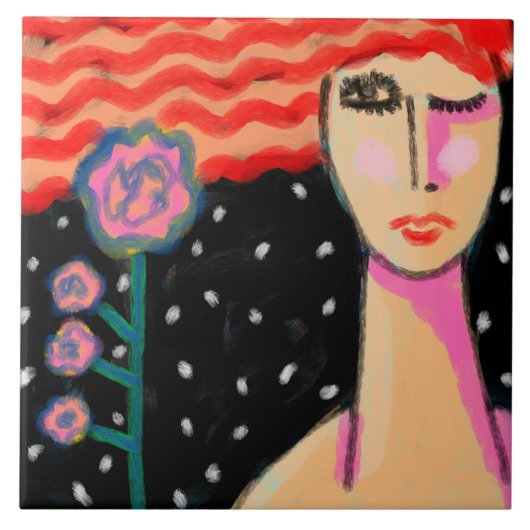 Red Hair Pink Roses Abstract Art タイル (正面)