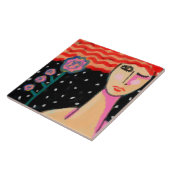 Red Hair Pink Roses Abstract Art タイル (側面)